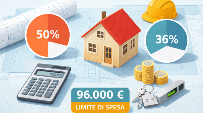 Infografica sul Bonus ristrutturazione 2026 con casa, percentuali di detrazione 50% e 36% e limite di spesa 96.000 euro