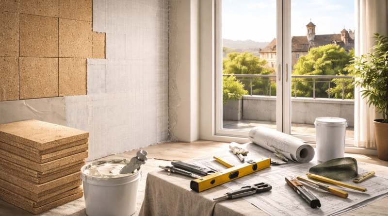 Parete interna in fase di isolamento con pannelli coibenti e strumenti da lavoro davanti a una finestra, esempio di cappotto interno a spessore minimo.