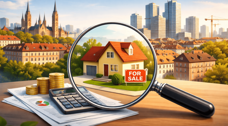 Caro casa in Europa: abitazione sotto lente di ingrandimento con skyline urbano e simboli di aumento dei prezzi immobiliari