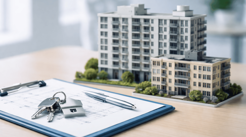 Modello di edificio condominiale con chiavi e planimetria che rappresenta la richiesta del certificato di agibilità tramite amministratore di condominio