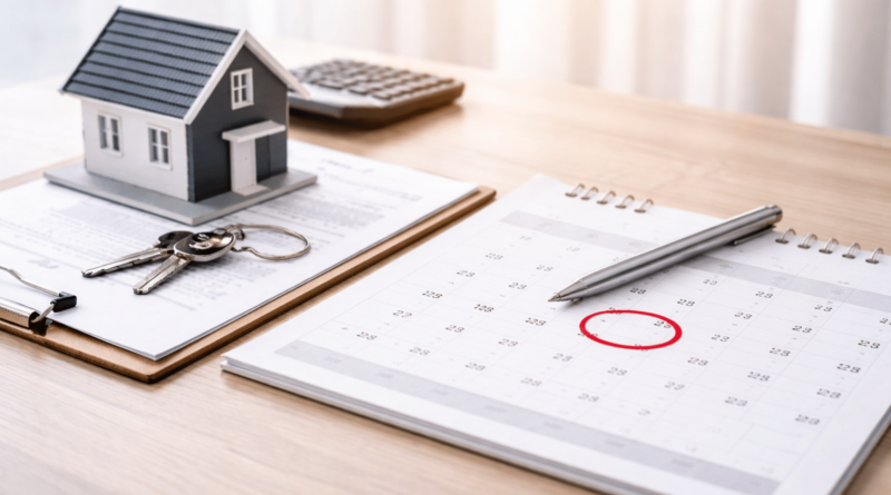 Calendario con data cerchiata, contratto preliminare di compravendita e chiavi di casa su scrivania, simbolo della data del rogito nel compromesso immobiliare