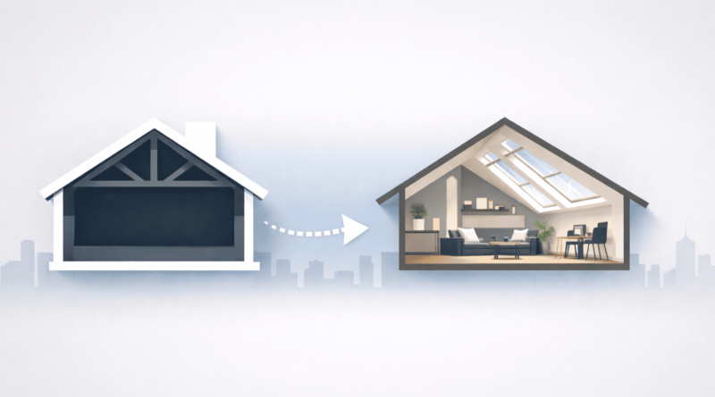 Illustrazione minimal che rappresenta la trasformazione di un sottotetto in mansarda abitabile, tema della sanatoria edilizia e della doppia conformità urbanistica