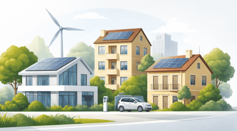 Edifici residenziali con pannelli solari e sistemi di energia rinnovabile, simbolo della Direttiva Case Green e della riqualificazione energetica in Italia