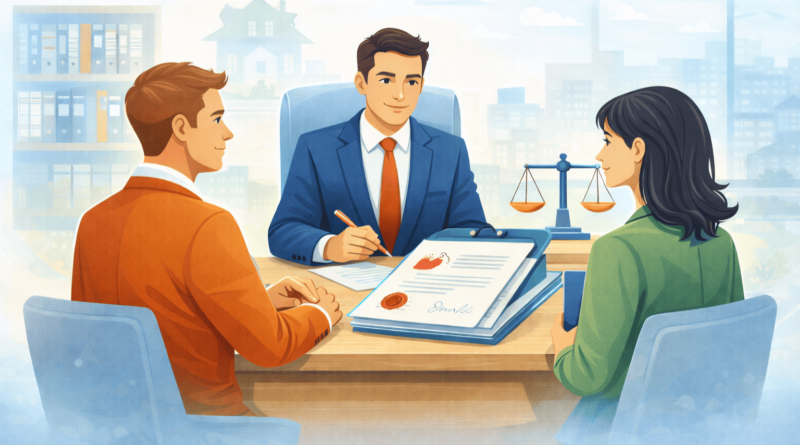 Notaio e clienti durante la gestione delle pratiche notarili per la compravendita immobiliare tramite agenzia