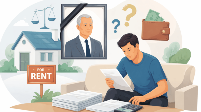 Inquilino che controlla documenti di affitto dopo la morte del proprietario, con riferimento agli eredi e alla continuità del contratto di locazione