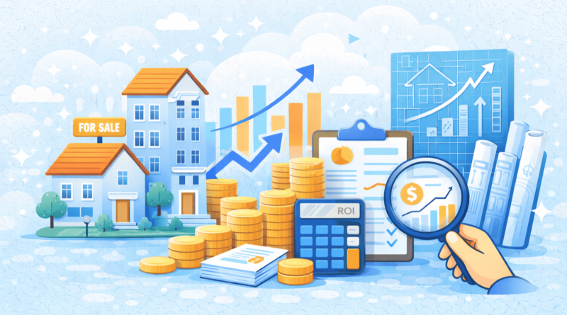 Illustrazione sull’investimento immobiliare con analisi ROI, immobili in vendita e consulenza professionale per scegliere l’agenzia immobiliare giusta
