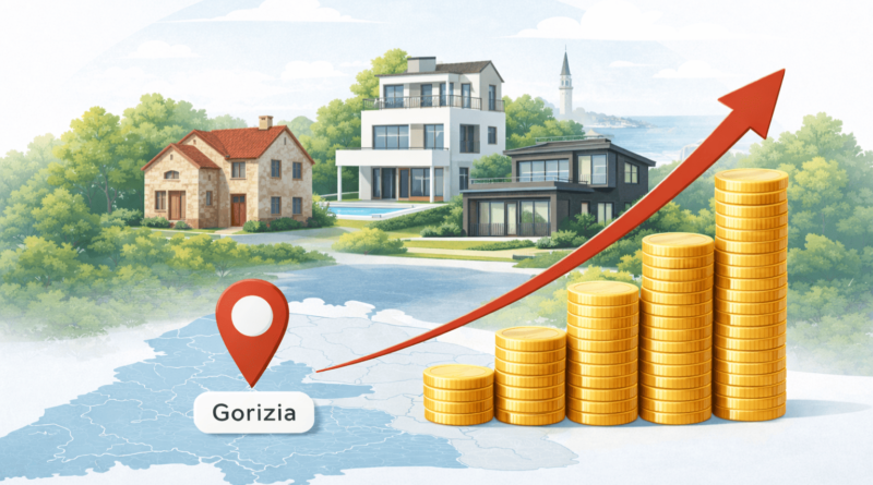 Illustrazione sul mercato immobiliare 2026 in provincia di Gorizia con case di diverse tipologie e grafico dei prezzi in crescita