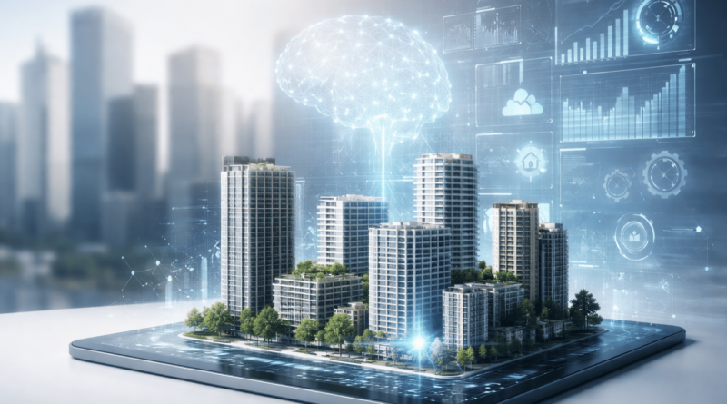 Rappresentazione digitale del mercato immobiliare con edifici moderni e rete neurale artificiale che simboleggia l’applicazione dell’intelligenza artificiale al real estate.