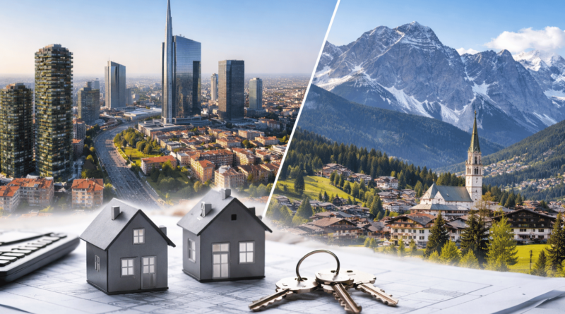 Panorama di Milano e Cortina d’Ampezzo con case stilizzate e chiavi su planimetria, simbolo dell’impatto delle Olimpiadi Milano-Cortina 2026 sul mercato immobiliare