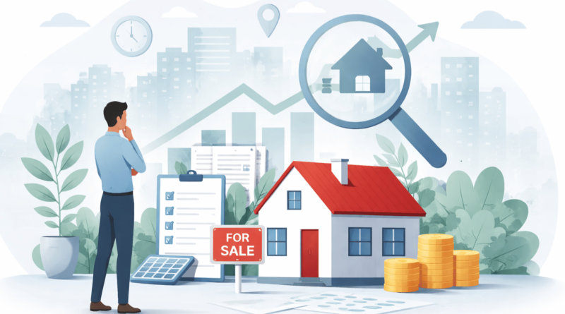 Illustrazione concettuale sulla decisione di vendere casa con analisi del mercato immobiliare, grafici di crescita, casa in vendita e valutazione del prezzo.