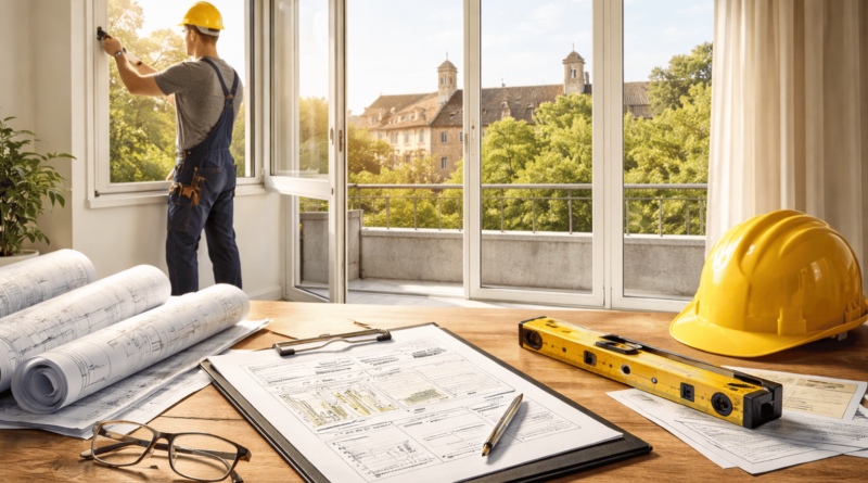 Tecnico installa nuovi infissi in un appartamento con documenti edilizi e strumenti da lavoro sul tavolo, simbolo delle pratiche per il cambio finestre.
