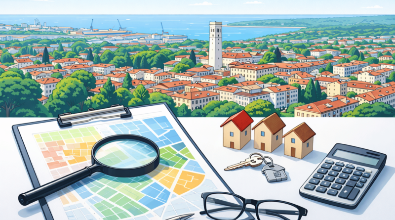 Illustrazione stilizzata di Monfalcone con mappa urbana e simboli immobiliari per spiegare i prezzi al metro quadro 2026 nelle diverse microzone della città.
