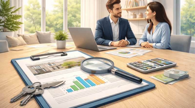 Consulenza immobiliare per la valutazione del prezzo di una casa in vendita con analisi dei dati e documenti su un tavolo in un ufficio moderno.