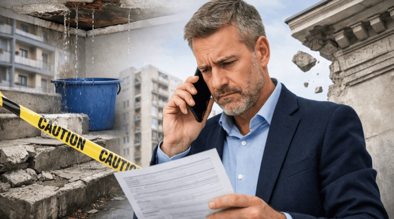 Amministratore di condominio preoccupato per danni alle parti comuni e responsabilità per infiltrazioni, scale pericolose e manutenzione mancata