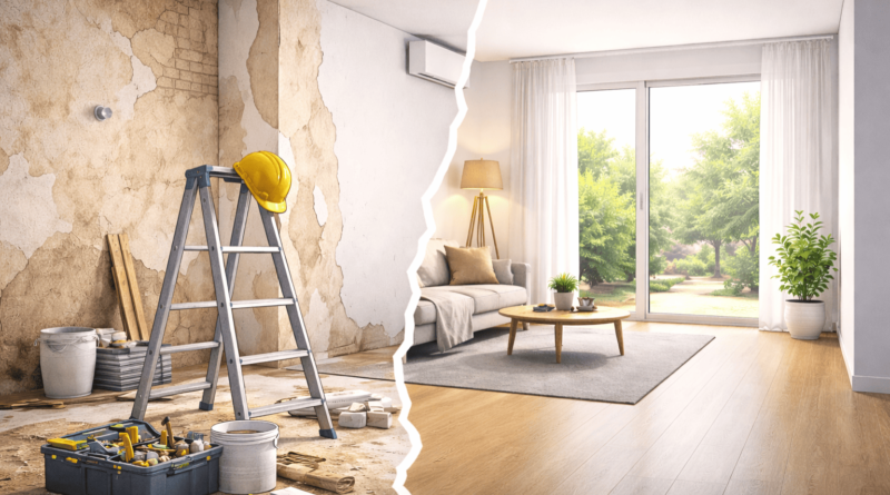 Immagine che mostra il confronto tra un appartamento in fase di ristrutturazione e lo stesso ambiente rinnovato e pronto per la vendita nel 2026 in provincia di Gorizia.