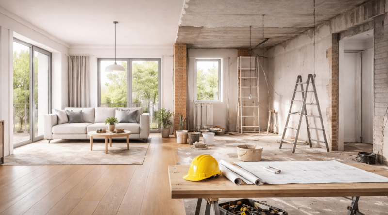 Interno di appartamento in ristrutturazione con zona completata e area lavori in corso, esempio di ristrutturazione casa nel 2026 e dei relativi costi al metro quadro