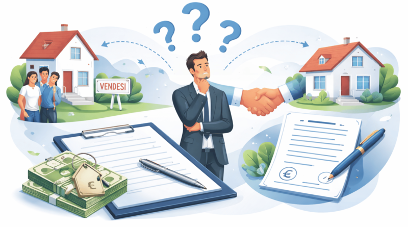 Illustrazione su trattativa immobiliare con acquirente indeciso tra proposta d’acquisto, contratto e caparra per rappresentare il recesso dalla compravendita