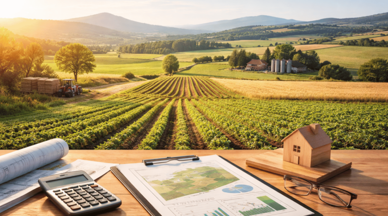Terreno agricolo coltivato con campi ordinati e documenti di valutazione su tavolo in primo piano, simbolo della rivalutazione fiscale dei terreni agricoli 2026.