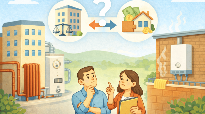 Illustrazione cartoon che rappresenta il confronto tra riscaldamento condominiale centralizzato e riscaldamento autonomo, con coppia che valuta aspetti legali ed economici del distacco dal riscaldamento condominiale