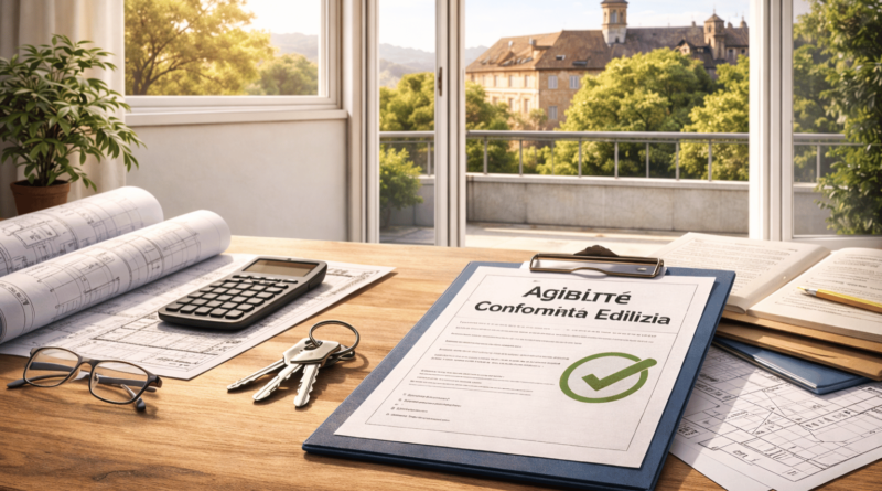 Scrivania con documenti di conformità edilizia, planimetrie e chiavi di casa davanti a una finestra con vista su edificio residenziale, simbolo dello stato legittimo dell’immobile.