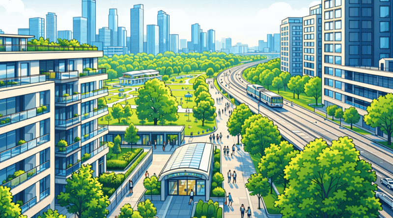 Illustrazione urbana in stile cartoon corporate che mostra edifici residenziali moderni, parco pubblico e linea tramviaria in una zona emergente servita da nuove infrastrutture