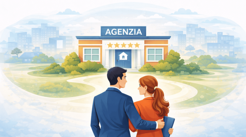 Coppia che valuta la reputazione di un’agenzia immobiliare affidabile prima di affidare la vendita di un immobile