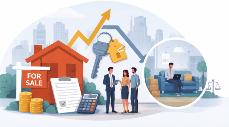 Illustrazione minimal sulla vendita di una casa affittata con inquilino dentro, contratto di locazione e passaggio di proprietà tra venditore e acquirente