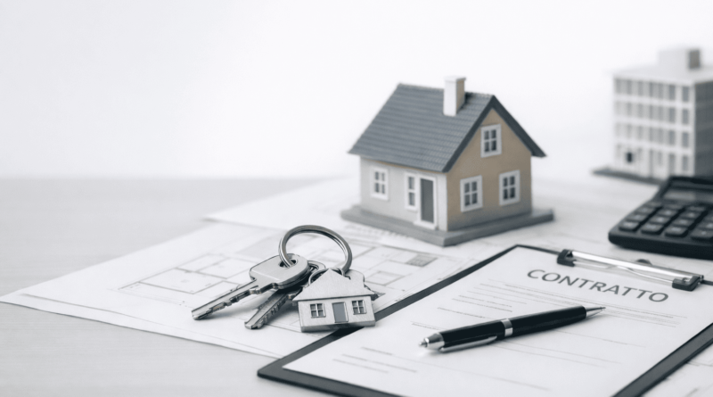 Vendita di una casa tramite agenzia immobiliare con contratto, chiavi e modello di abitazione
