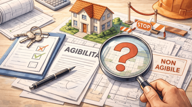 Verifica dell’agibilità di un immobile con casa, documenti edilizi e lente di ingrandimento su planimetrie