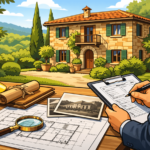 Illustrazione professionale di una verifica tecnica su immobile ante 1967 con documenti urbanistici, planimetrie e controllo dello stato legittimo