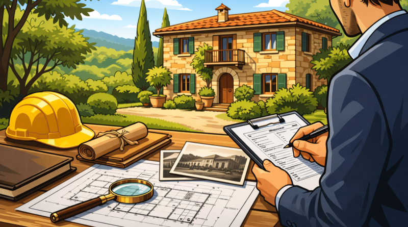 Illustrazione professionale di una verifica tecnica su immobile ante 1967 con documenti urbanistici, planimetrie e controllo dello stato legittimo