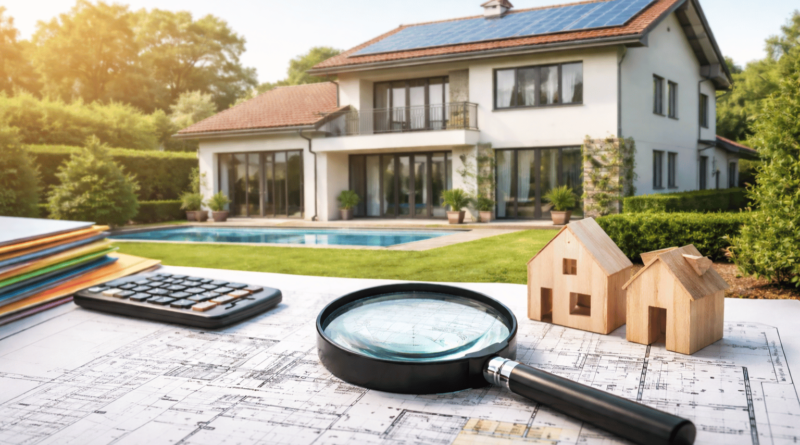 Verifica catastale e controlli Superbonus 2026: lente d’ingrandimento su planimetrie, modelli di casa e villa con fotovoltaico sullo sfondo