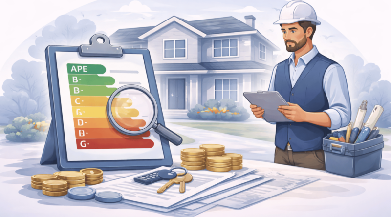 Illustrazione di un tecnico che valuta l’attestato di prestazione energetica di una casa con scala delle classi energetiche