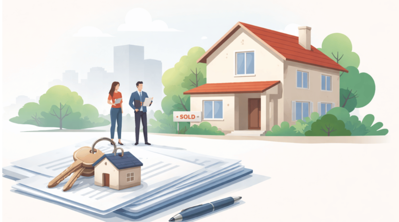 Illustrazione minimal di casa ereditata con chiavi e documenti di successione, simbolo della gestione dell’immobile nei primi 90 giorni dopo l’eredità