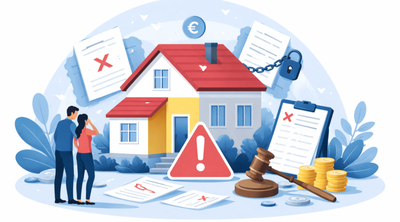 Illustrazione di una casa pignorata con simboli di debiti, documenti legali e monete, che rappresenta le alternative alla vendita all’asta come accordo con i creditori e vendita dell’immobile.