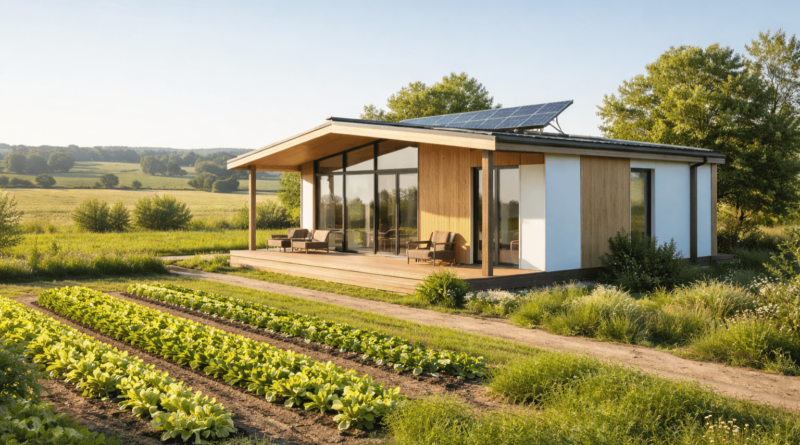 Casa prefabbricata moderna in legno in area rurale con campi agricoli, immagine copertina per guida su permessi e regole per costruire su terreno agricolo in Italia.