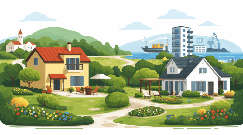 Illustrazione minimal di case con giardino tra provincia di Gorizia e provincia di Trieste, con contesto collinare e costa, ideale per spiegare dove la domanda è più alta e quale budget serve.