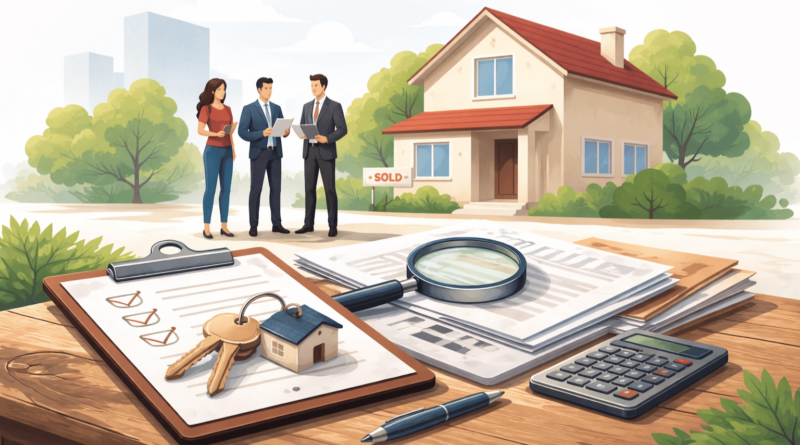 Illustrazione minimal dell’acquisto casa con checklist, documenti, chiavi e verifica professionale prima della compravendita immobiliare