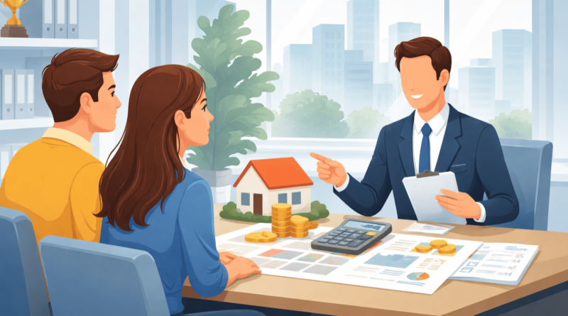 “Consulenza immobiliare professionale in ufficio: agente presenta valutazione casa a coppia con documenti, calcolatrice e modello abitazione.”