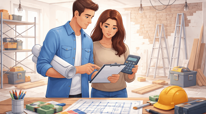 Coppia che pianifica la ristrutturazione di una casa con preventivo, planimetria e calcolatrice per stimare il budget reale dei lavori