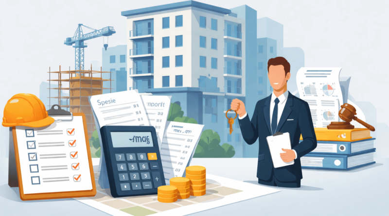 “Illustrazione minimal di condominio con documenti spese, calcolatrice, casco da cantiere e amministratore: impatto di spese condominiali e lavori deliberati sul prezzo dell’immobile.”