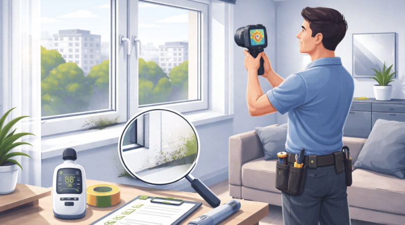 Tecnico che controlla l’isolamento di una finestra con termocamera in un appartamento durante la visita di una casa, per verificare dispersioni e qualità degli infissi.