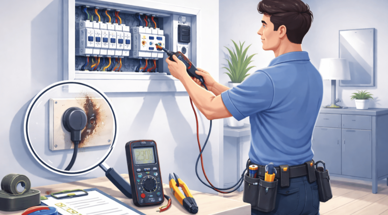 Elettricista che controlla il quadro elettrico e verifica una presa con segni di surriscaldamento durante l’ispezione di un impianto elettrico in un appartamento.