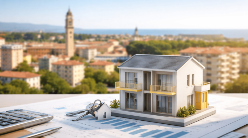 Modello di bilocale su documenti e chiavi con sfondo di Monfalcone, immagine copertina per guida all’investimento immobiliare su zone, metrature e tagli richiesti.