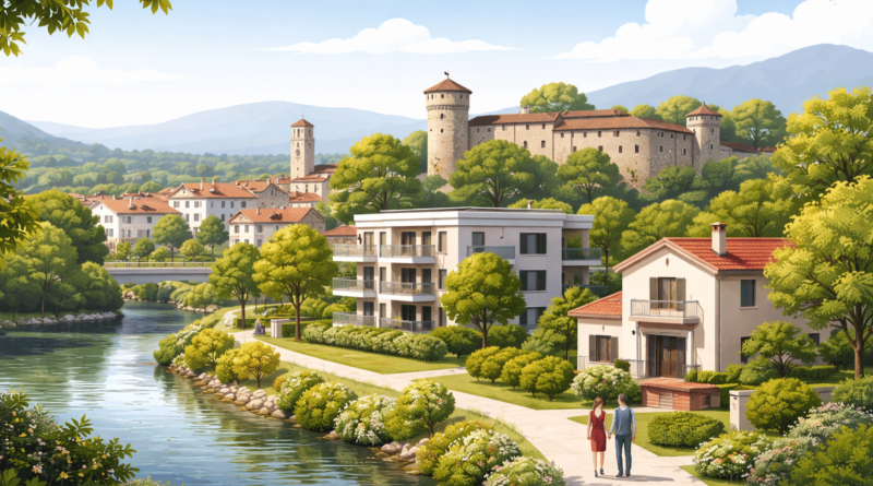 Veduta di Gradisca d’Isonzo con la fortezza sullo sfondo, fiume e area residenziale con appartamenti e ville, immagine legata all’investimento nel mercato immobiliare locale e alla scelta delle microzone.