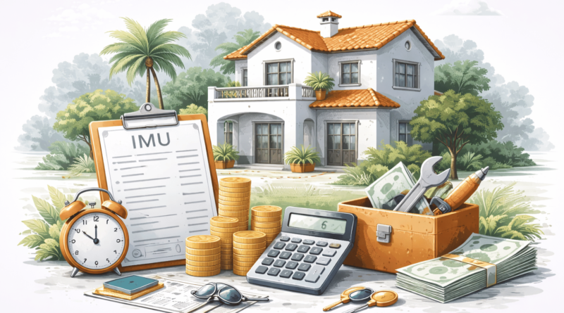 Illustrazione dei costi di una seconda casa con documenti IMU, calcolatrice, monete e attrezzi di manutenzione davanti a una villa