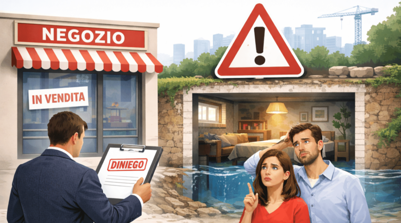 Illustrazione minimal su negozio al piano terra e abitazione in seminterrato che rappresenta i limiti del Decreto Salva Casa per il cambio di destinazione d’uso immobiliare.