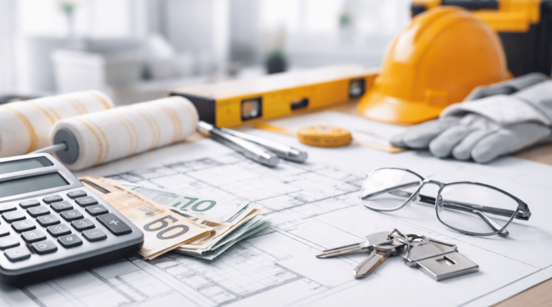 Calcolatrice, banconote in euro e planimetria con strumenti da cantiere: immagine copertina sul Bonus ristrutturazione e detrazione 50% per lavori in casa.