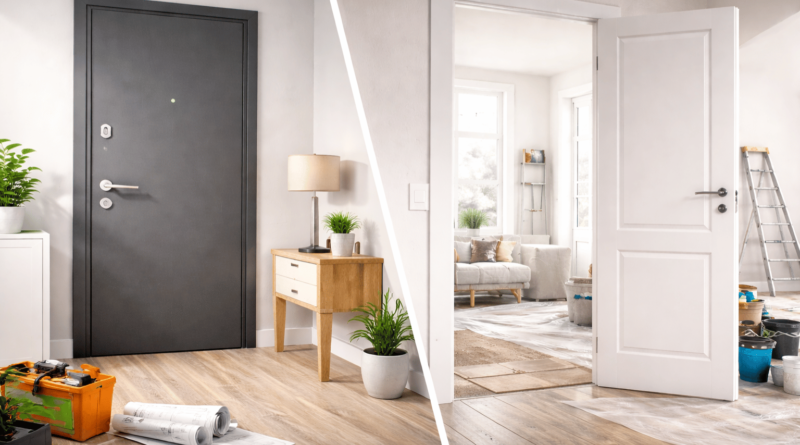 Infografica su porta blindata e porta interna durante ristrutturazione edilizia con riferimento alle detrazioni fiscali per il cambio porte nel 2026