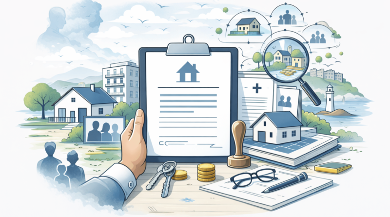 Illustrazione concettuale della dichiarazione di successione immobiliare con documenti, casa ereditata e pratiche catastali per eredi in Friuli Venezia Giulia